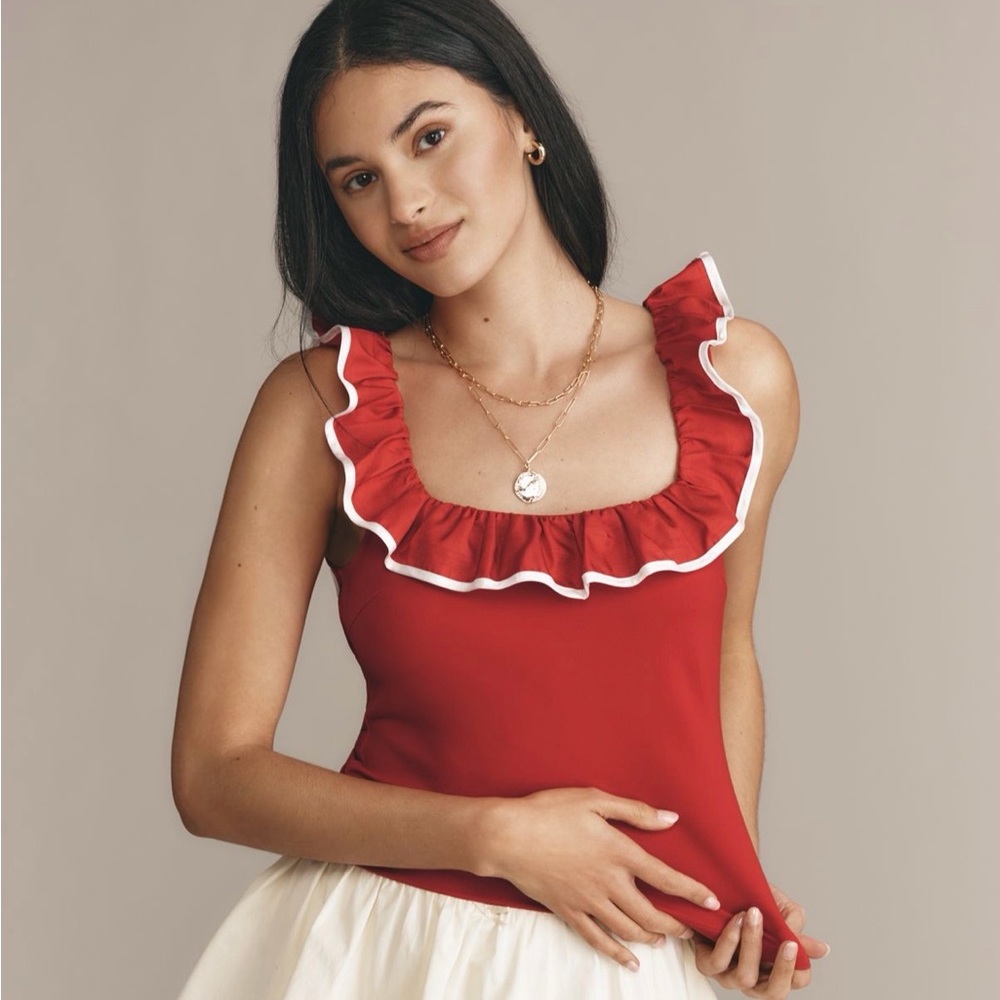Anthropologie Red Ruffle Trim Top